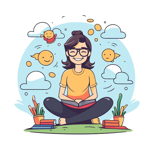 Векторная иллюстрация счастливой женщины в очках, сидящей на траве и читающей книгу