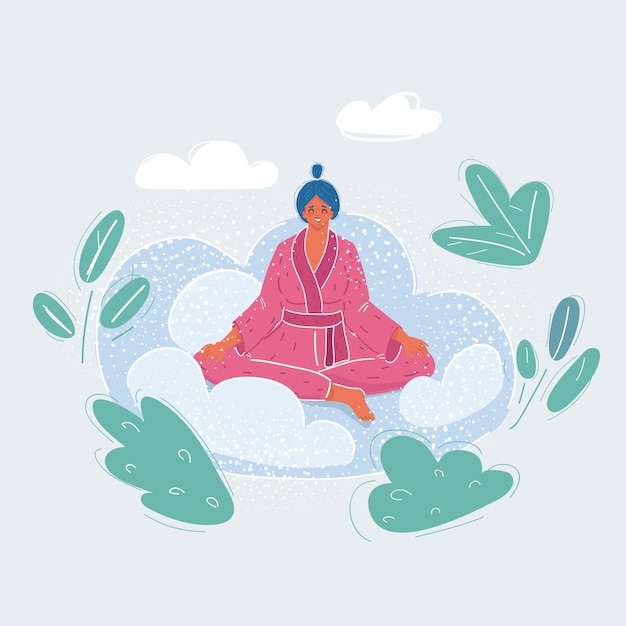 Vector vector illustration of happy woman relaxed on cloud