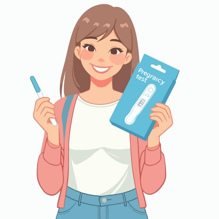Vector vector illustration of a happy woman showing a pregnancy test kit