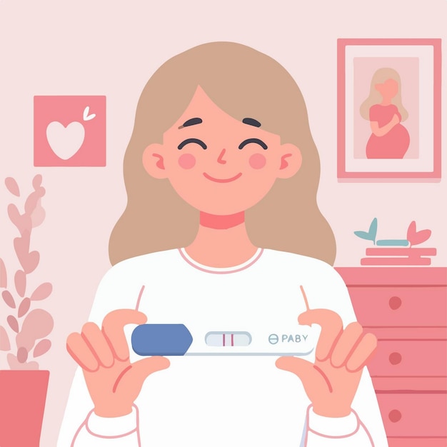 Vector vector illustration of a happy woman showing a pregnancy test kit