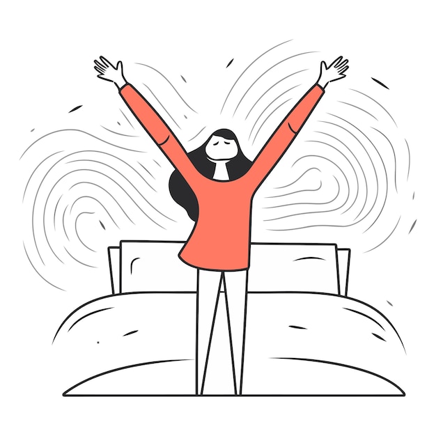 Vector vector illustration of happy woman with raised hands on the bed in the morning