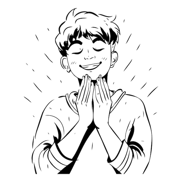 Vector vector illustration of a happy young man with closed eyes and hands clasped together