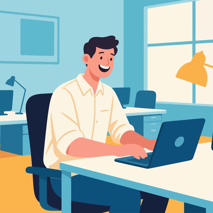 Vector vector illustration of a happy young man at work with a simple and minimalist flat background