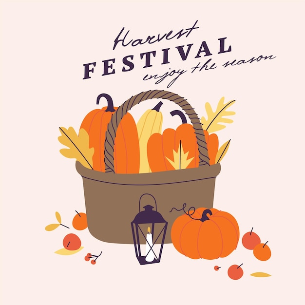 Vector illustration for harvest autumn festival. sketch style logo a straw basket with a pumpkin for invitation on event, party.