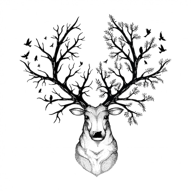 Vector vector illustration of a head deer with forest background