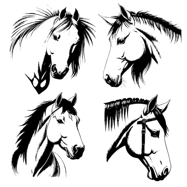 Vector illustration of the heads of 4 horses