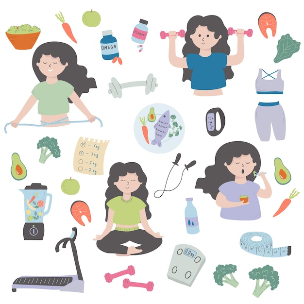 Vector vector illustration of healthy lifestyle set the concept of diet fitness healthy eating weight lossxa