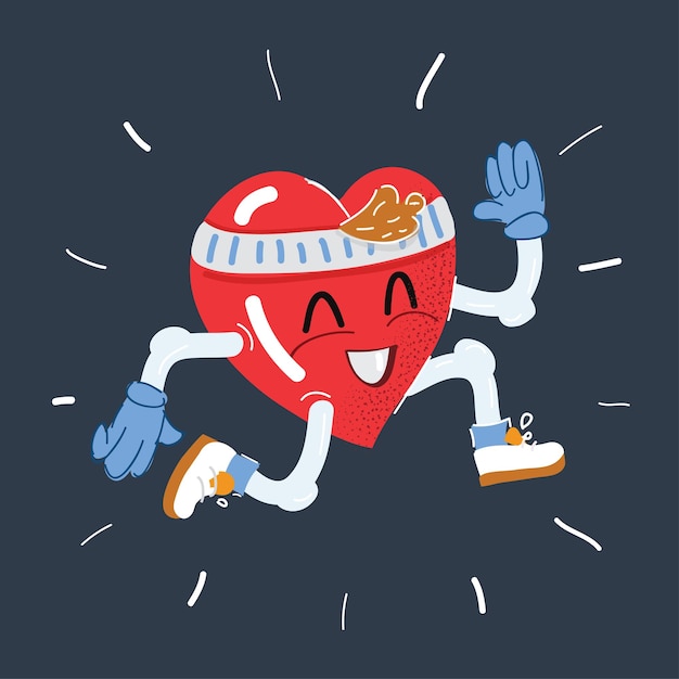 Vector illustration of heart character running to keep healthy on dark background