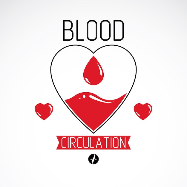 Vector illustration of heart shape and blood drop. Blood circulation conceptual emblem.