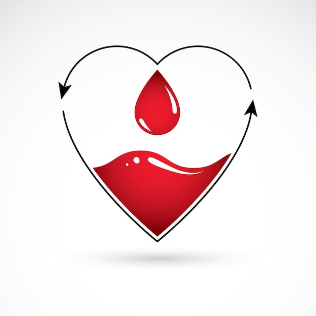 Vector illustration of heart shape with arrows and drops of blood. Cardiovascular illness treatment concept for use as cardio center emblem.