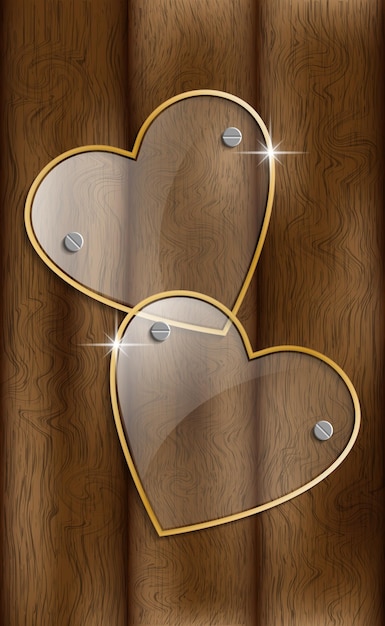 Vector illustration of hearts made of transparent glass made in gold edging on a background of board