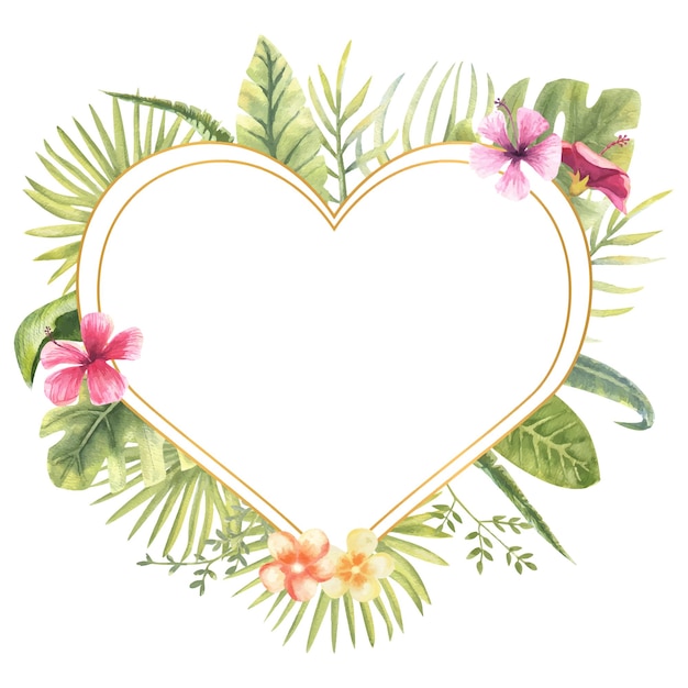 Vector illustration of a heartshaped frame with tropical plants Monster banana leaves hibiscus etc Floral watercolor For the design of greeting cards invitations