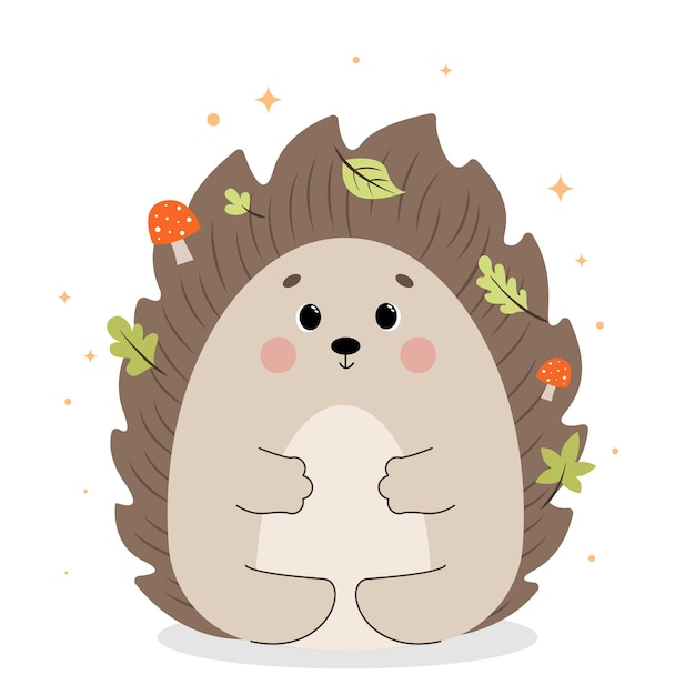 Vector illustration of hedgehog Cute little forest wild animals Cute woodland animals with leaves