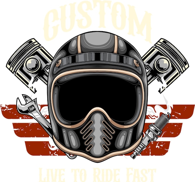 Vector vector illustration of helmet two pistons and spark plug with vintage illustration