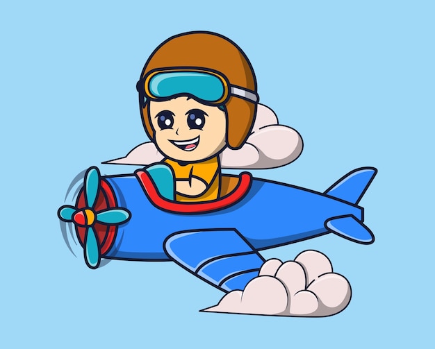 Vettore illustrazione vettoriale di un pilota con l'elmetto che guida un simpatico concetto di icona di trasporto aereo