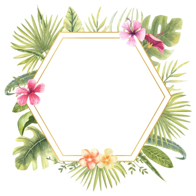 Vector illustration of a hexagonal frame with tropical plants Monster banana leaves hibiscus etc Floral watercolor For the design of greeting cards invitations