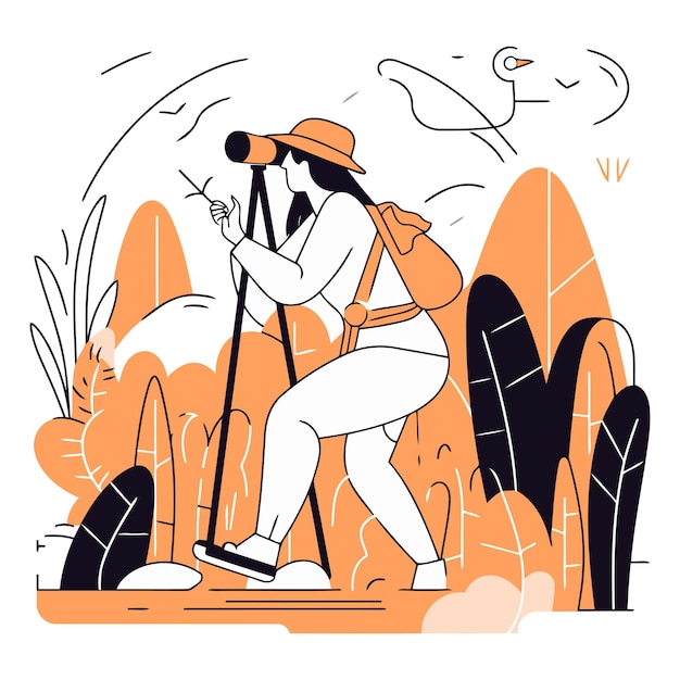 Vettore illustrazione vettoriale di un escursionista con un cappello e uno zaino che cammina attraverso la foresta
