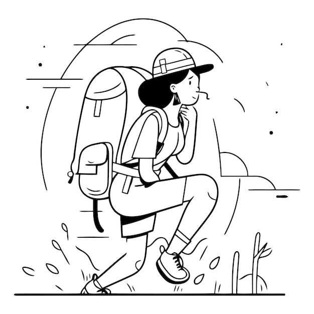 Vector vector illustration of a hiker with a backpack and a cigarette