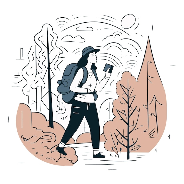 森でバックパックを背負って歩くハイカーのベクトルイラスト 線形スタイル