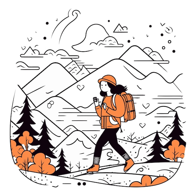 Vector vector illustration of a hiker with a backpack walking in the mountains