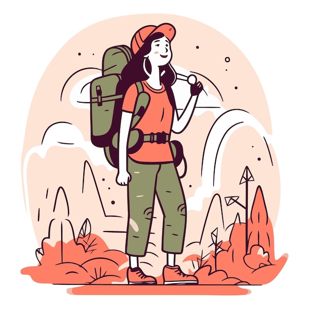 Vector vector illustration of a hiker woman with backpack hiking in the mountains