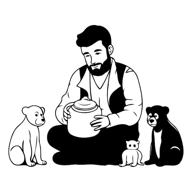 Vector illustration of a homeless man with a jar of food and dogs