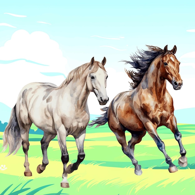 vector illustration of horses in the pasture