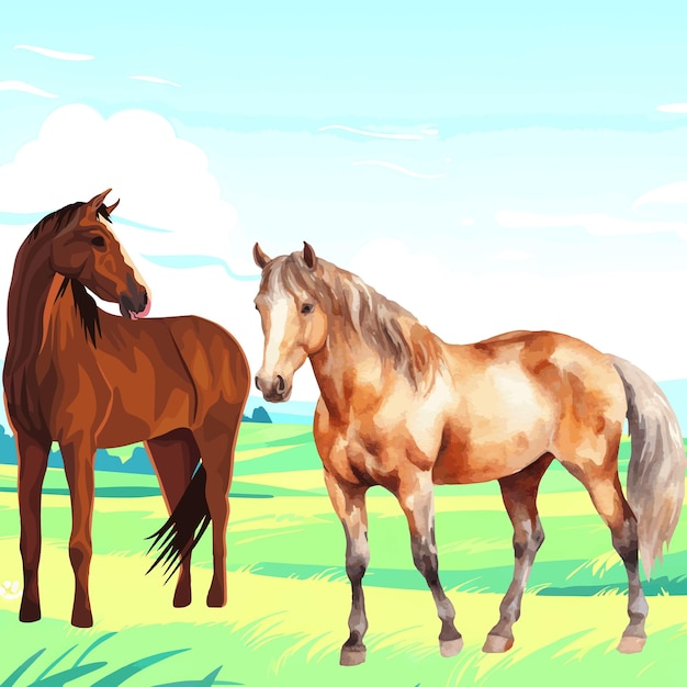 vector illustration of horses in the pasture