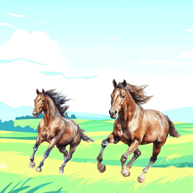 vector illustration of horses in the pasture