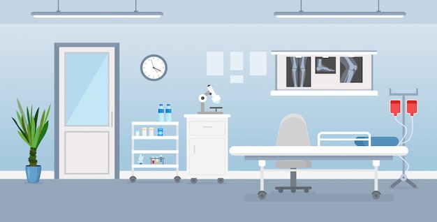 Vector illustration of hospital room interior with medical tools, bed and table. Room in hospital in flat cartoon style.