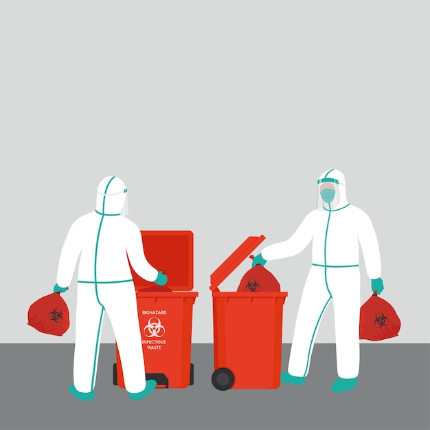 Vector vector illustration hospital staff in ppe protective clothing for safety take the infected garbage bag dispose of it in a trash can contains the symbol of biologically infected waste coronavirus