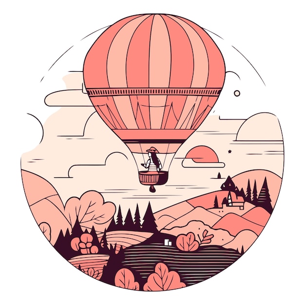 Vector vector illustration of hot air balloon flying in the sky over the countryside