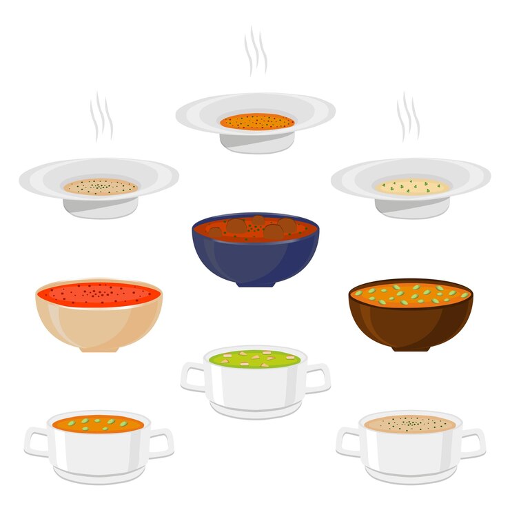 Vector vector illustration for hot ceramic bowl wide plate is filled with various homemade soups with broth and vegetables soup set consisting of bowls with ingredients seasoning eat chicken soup in bowl