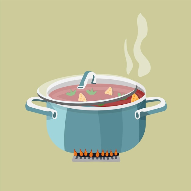 Vector vector illustration of a hot soup in a pot