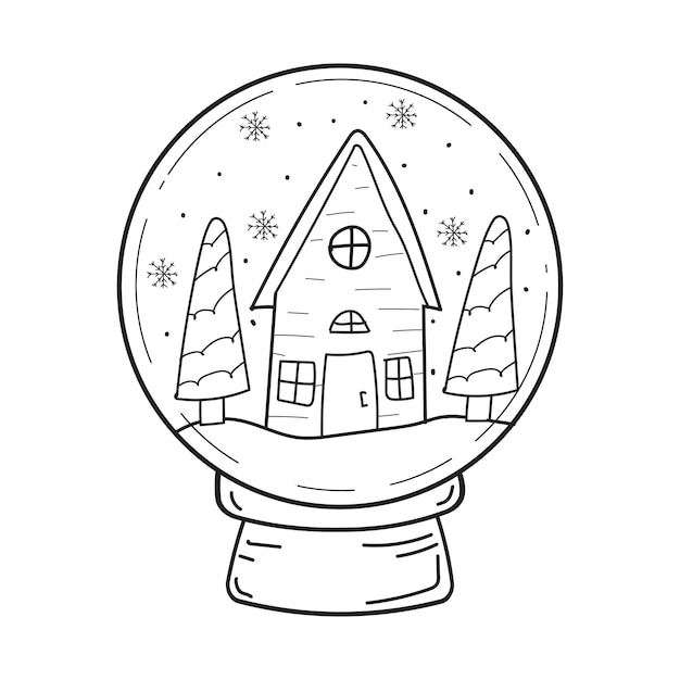 Vector illustration of a house in a Christmas snow globe Doodle illustration of a cute snow globe