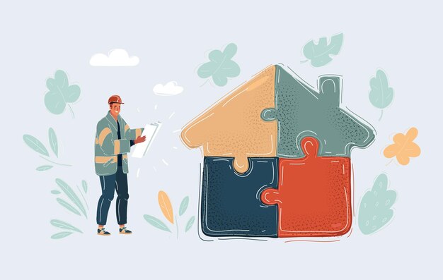 Vector vector illustration of house constructed of puzzle on white