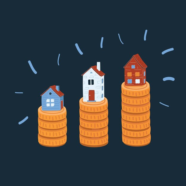 vector illustration of houses on a stack of coins high prices on real estate market object on dark backround