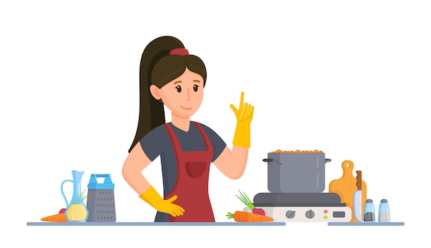 Illustrazione vettoriale di casalinga. una ragazza che prepara la zuppa in cucina. cibo a casa. donna che cucina. concetto di ragazza che cucina in cucina su priorità bassa bianca.