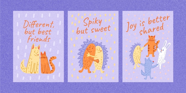 vector illustration of hugging cartoon animals for friendship day greeting card or poster