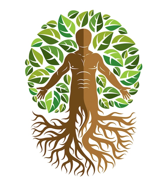 Vector illustration of human, athlete created as continuation of tree with strong roots and surrounded by eco green leaves. Environmental conservation theme, green innovation metaphor.