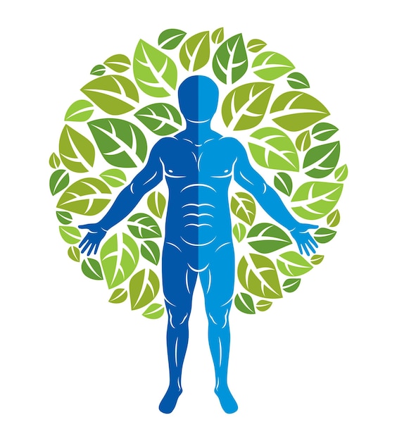 Vettore illustrazione vettoriale di umano, atleta circondato da foglie verdi ecologiche. creatura mitica, dio slavo perun.