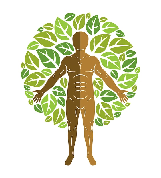 Illustrazione vettoriale di umano, atleta circondato da foglie ecologiche verdi. creatura mitica, dio slavo perun.