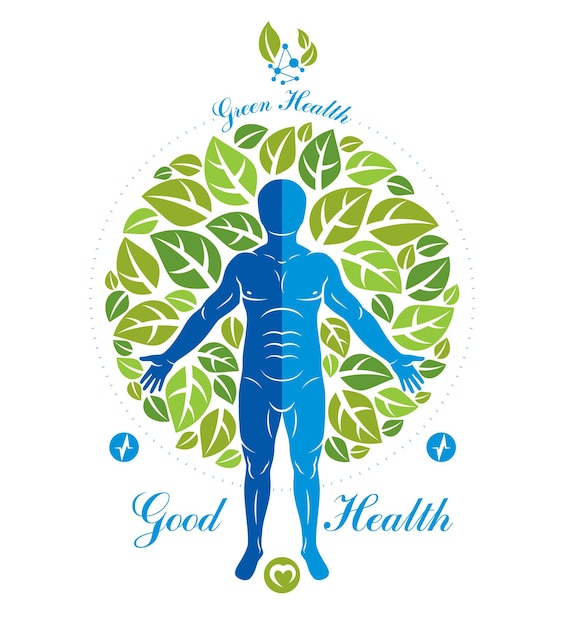 Vector illustration of human, athlete surrounded by green tree leaves and composed with wireframe mesh symbol. individual as the link between nature and scientific achievements.