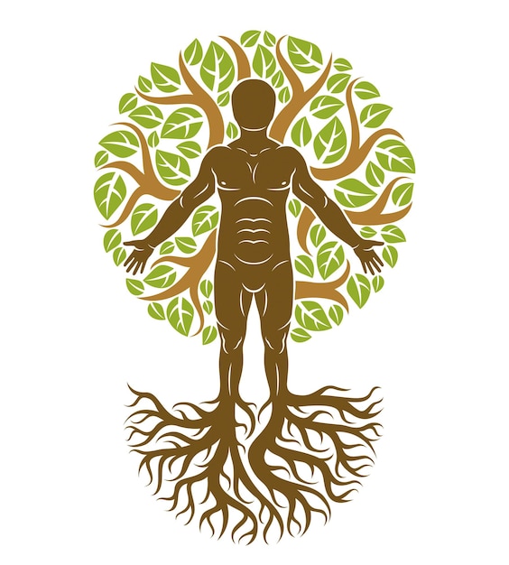 Vector illustration of human being created as continuation of tree with strong roots and composed using natural green tree corona with leaves. Greenman, pagan god metaphor.