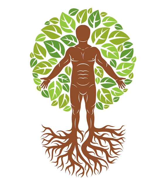 vector illustration of human being created as continuation of tree with strong roots and composed using natural green tree corona with leaves. greenman, pagan god metaphor.