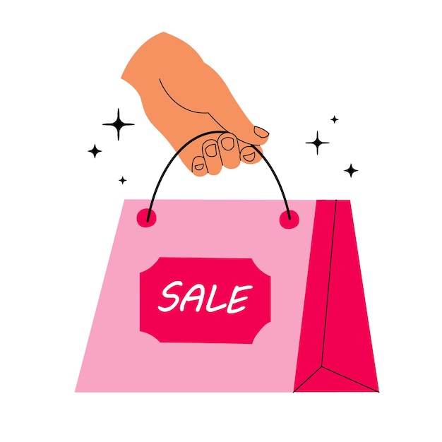 Vector illustration human hand holding shopping paper bag with sticker sale Concept of discount shopping