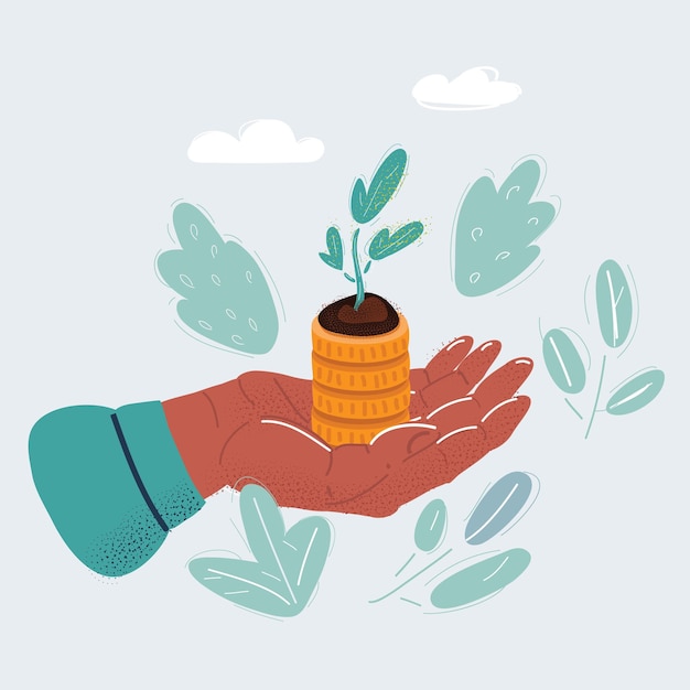 Vector illustration of Human hand with money plant on stack of coin Investment concept on white background