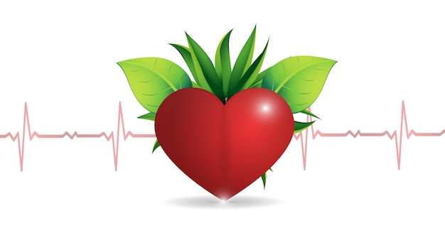 Vector illustration of a human heart on a background of leaves and heart rate graphics. medicine, health, pulse, healthy lifestyle. eps 10.