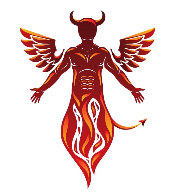 vector illustration of human, horned frightening creature made with bird wings. evil spirit, flame demon.