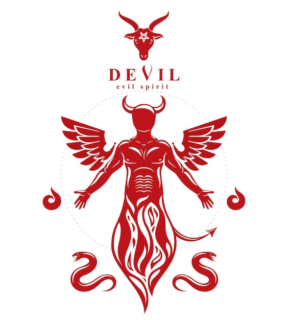 vector illustration of human, horned frightening creature made with bird wings. evil spirit, flame demon.